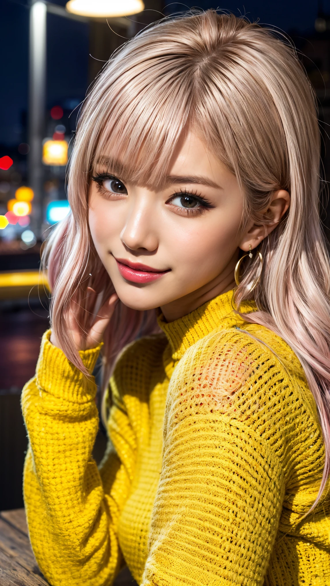 Highest quality, Tabletop, Ultra-high resolution, (Realistic:1.4), (Japanese Idols),RAW Photos, One Girl, night,Detailed skin,Blurred cityscape of South Korea,,Blonde, (Pink inner hair:1.3),Glossy Lips,smile,(Model pose:1.2),2,Beautiful and beautiful eyes,Diamond jewellery,Earrings,Gold Jewelry,Cold Light,Tight black knitwear,,(Strengthened upper arms:1.2),A well-trained body,Pixie Hair