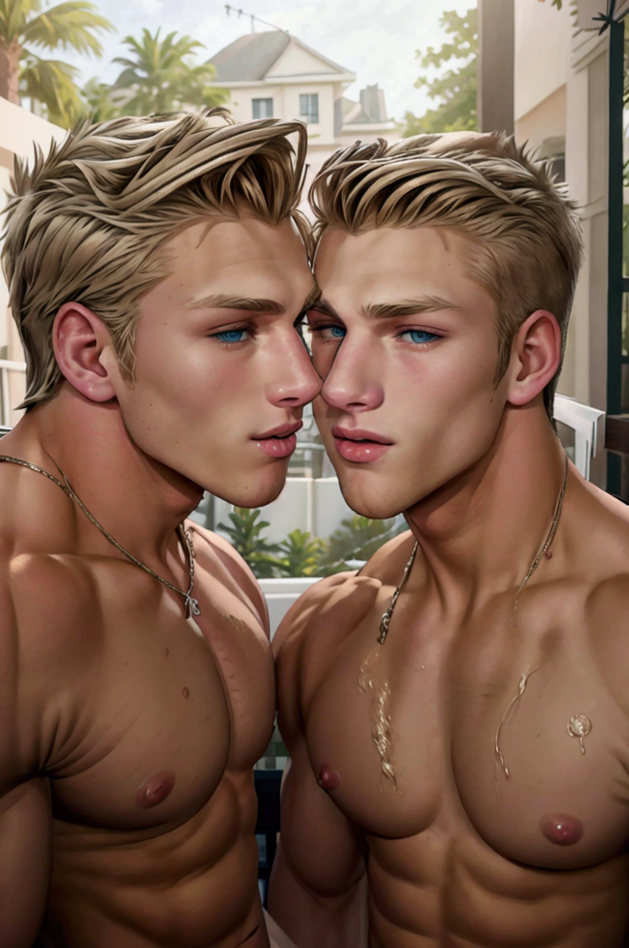 blonde hair, wet hair, half-closed eyes, sparkling eyes, open mouth, heavy breathing, cheek-to-cheek, excited, high detail, Realism, from side, Hasselblad, high quality, highres, 16k, Full body picture of two young blond muscular and smoth sexy teenager boys kissing each other on a balcony. They are only dressed in short, white, tight micro-string-thongs covering their erected hardon penisis. Very homoerotic and sensual.