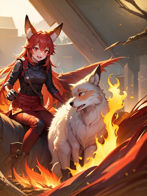 a fox，red，flaming mountain