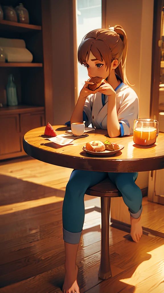 A girl eating breakfast without pants