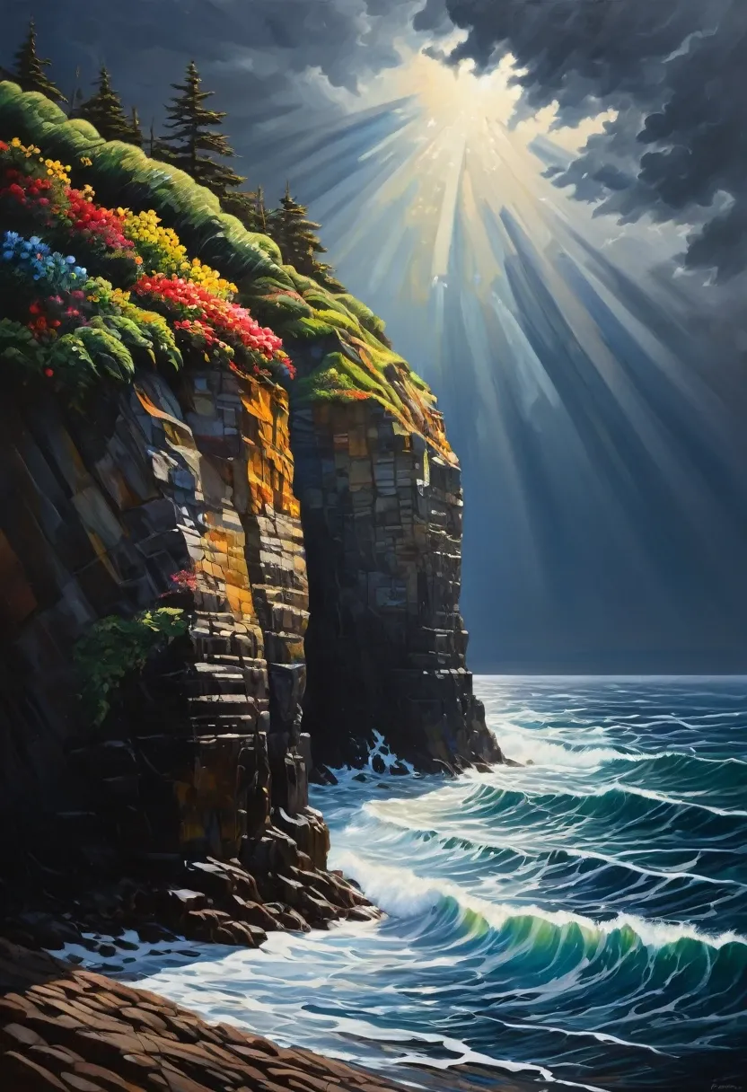 Contemporary art, Eyvan Rolle style, "Ocean Cliffs" style, rolling waves, faint sunlight shining through a dark sky, slanting light shining on colorful plants on the cliff, low angle, eyes at sea level, looking up at the cliff, print, oil painting.