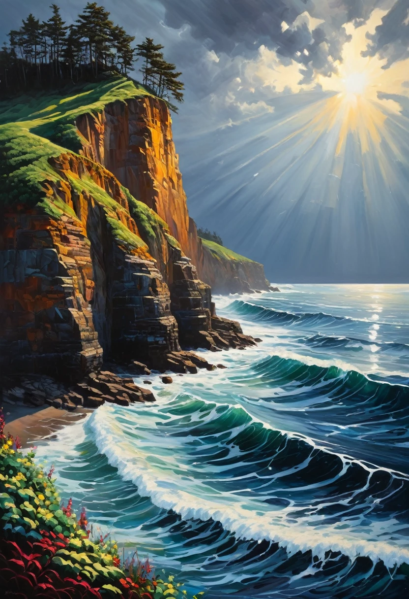 Contemporary art, Eyvan Rolle style, "Ocean Cliffs" style, rolling waves, faint sunlight shining through a dark sky, slanting light shining on colorful plants on the cliff, low angle, eyes at sea level, looking up at the cliff, print, oil painting.