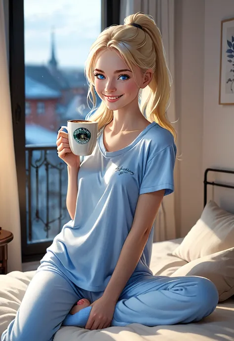 (waking up, smile:1.2),((relaxing with a cup of morning coffee:1.4)),sexy 25 yo blonde swedish woman with blue eyes. sexy slim f...