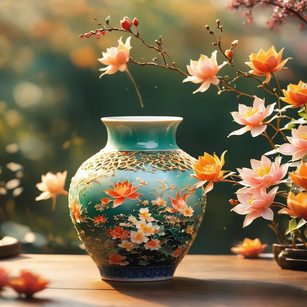 A beautiful handmade Japanese porcelain vase, Intricate floral patterns, traditional japanese art, Fine texture, Soft lighting, Tranquil atmosphere, masterpiece, Reality, 8K, high quality