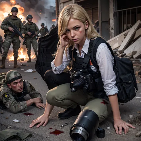 blonde woman, war press photographer with a camera with a telephoto lens, blood on her clothes, war scene around her with explos...