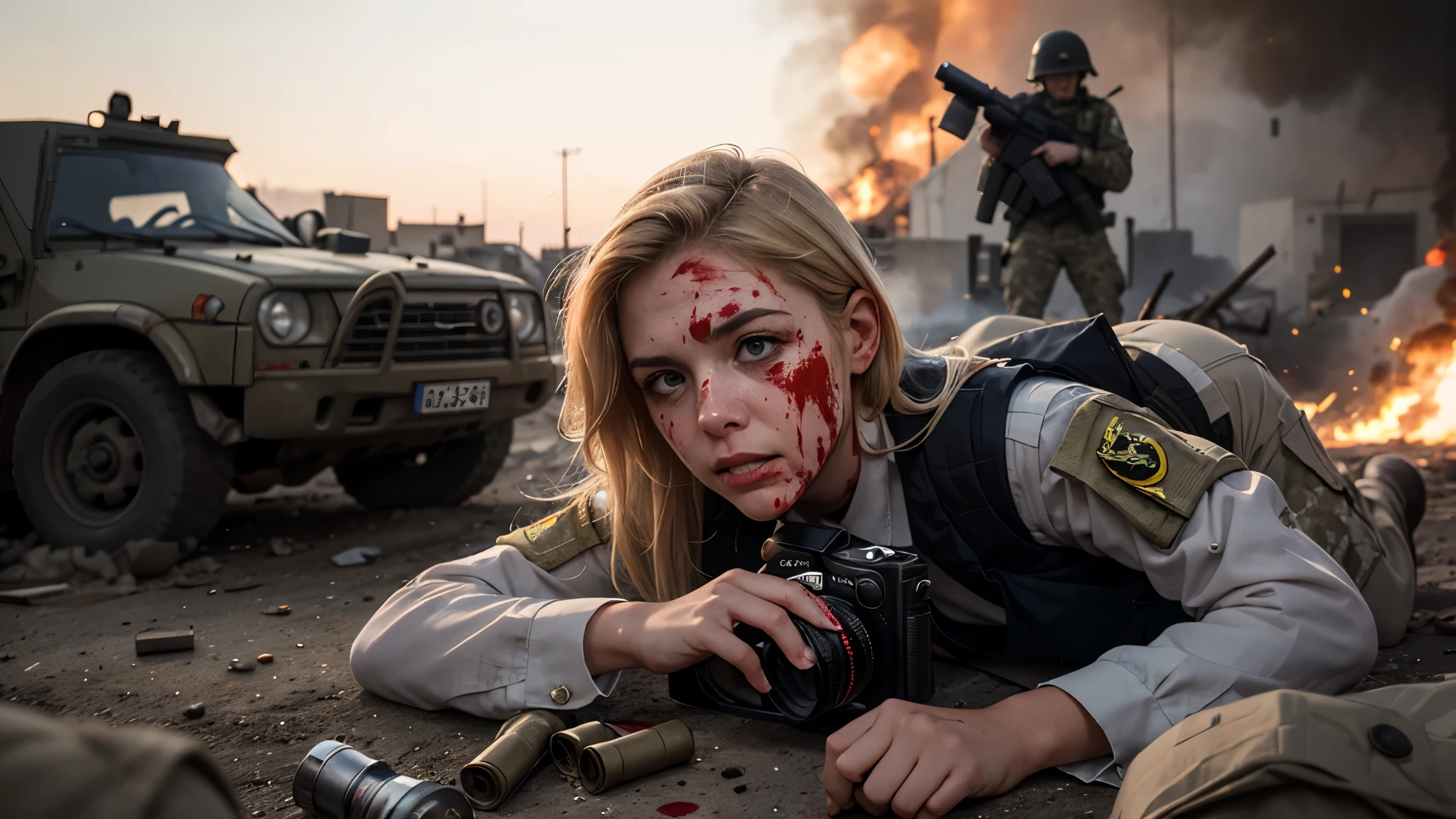 Blonde woman, war press photographer with a camera with a telephoto lens, blood on her clothes and on her face, war scene around her with explosions and whistling bullets, bodies on the ground, a vest bulletproof written PRESS on it