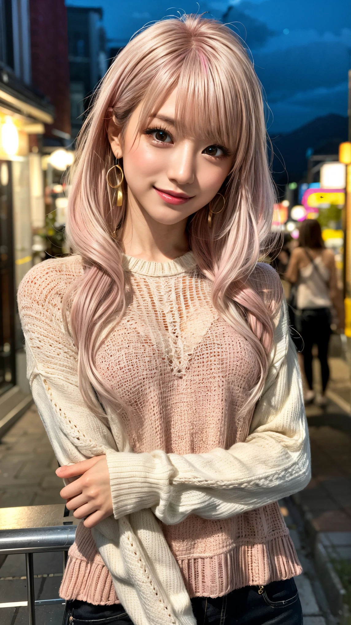 Highest quality, Tabletop, Ultra-high resolution, (Realistic:1.4), (Japanese Idols),RAW Photos, One Girl, night,Detailed skin,Blurred cityscape of South Korea,,Blonde, (Pink inner hair:1.3),Glossy Lips,smile,(Model pose:1.2),2,Beautiful and beautiful eyes,Diamond jewellery,Earrings,Gold Jewelry,Cold Light,Tight black knitwear,,(Strengthened upper arms:1.2),A well-trained body,Pixie Hair