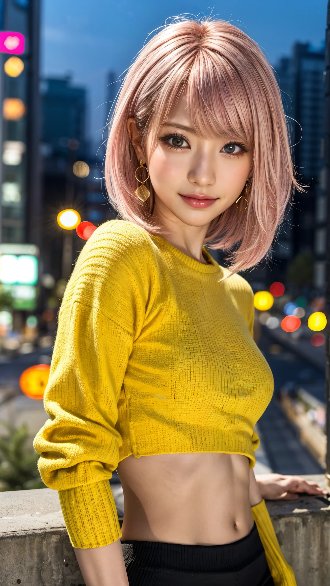 Highest quality, Tabletop, Ultra-high resolution, (Realistic:1.4), (Japanese Idols),RAW Photos, One Girl, night,Detailed skin,Blurred cityscape of South Korea,,Blonde, (Pink inner hair:1.3),Glossy Lips,smile,(Model pose:1.2),2,Beautiful and beautiful eyes,Diamond jewellery,Earrings,Gold Jewelry,Cold Light,Tight black knitwear,,(Strengthened upper arms:1.2),A well-trained body,Pixie Hair