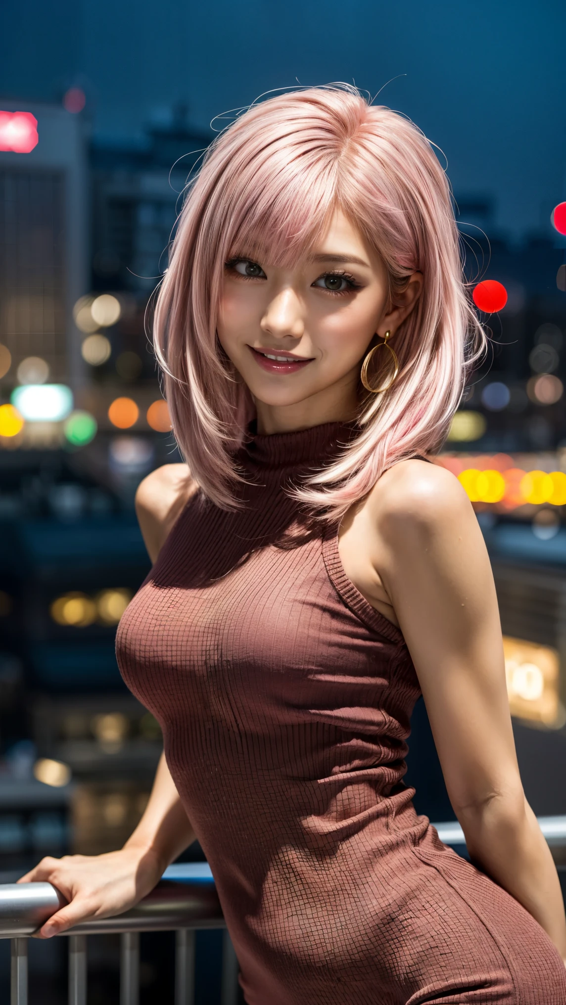 Highest quality, Tabletop, Ultra-high resolution, (Realistic:1.4), (Japanese Idols),RAW Photos, One Girl, night,Detailed skin,Blurred cityscape of South Korea,,Blonde, (Pink inner hair:1.3),Glossy Lips,smile,(Model pose:1.2),2,Beautiful and beautiful eyes,Diamond jewellery,Earrings,Gold Jewelry,Cold Light,Tight black knitwear,,(Strengthened upper arms:1.2),A well-trained body,Pixie Hair