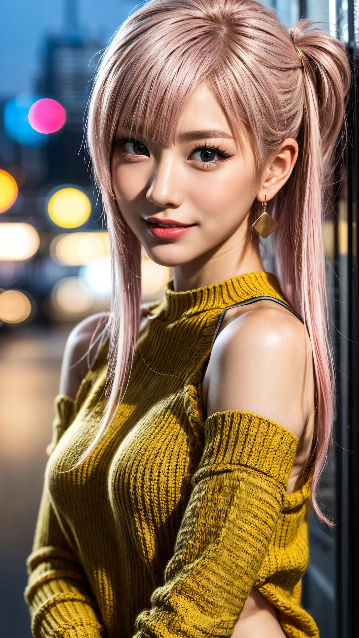 Highest quality, Tabletop, Ultra-high resolution, (Realistic:1.4), (Japanese Idols),RAW Photos, One Girl, night,Detailed skin,Blurred cityscape of South Korea,,Blonde, (Pink inner hair:1.3),Glossy Lips,smile,(Model pose:1.2),2,Beautiful and beautiful eyes,Diamond jewellery,Earrings,Gold Jewelry,Cold Light,Tight black knitwear,,(Strengthened upper arms:1.2),A well-trained body,Pixie Hair