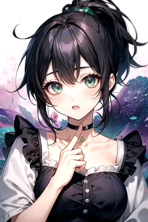 (highest quality)、(highest quality)、cute、(choker).eyes are emerald、(ponytail)、(black hair)、