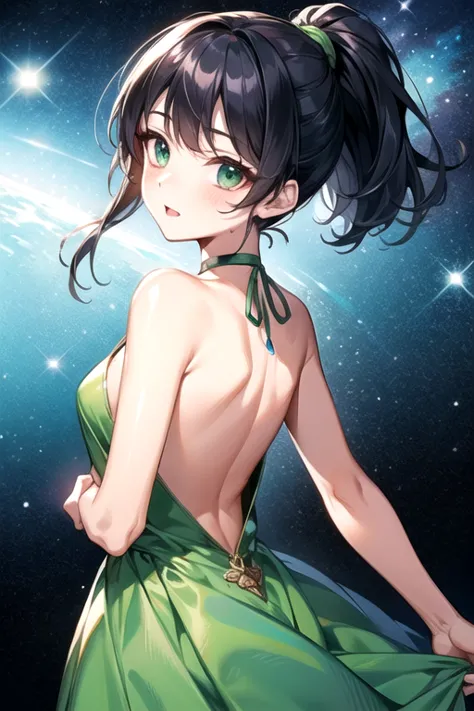 (highest quality)、(highest quality)、cute、(choker).eyes are emerald、(ponytail)、(black hair)、(backless dress).