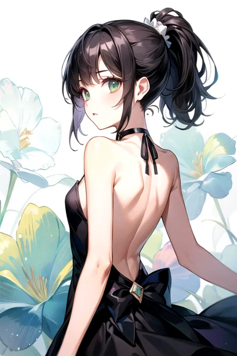 (highest quality)、(highest quality)、cute、(choker).eyes are emerald、(ponytail)、(black hair)、(backless dress).