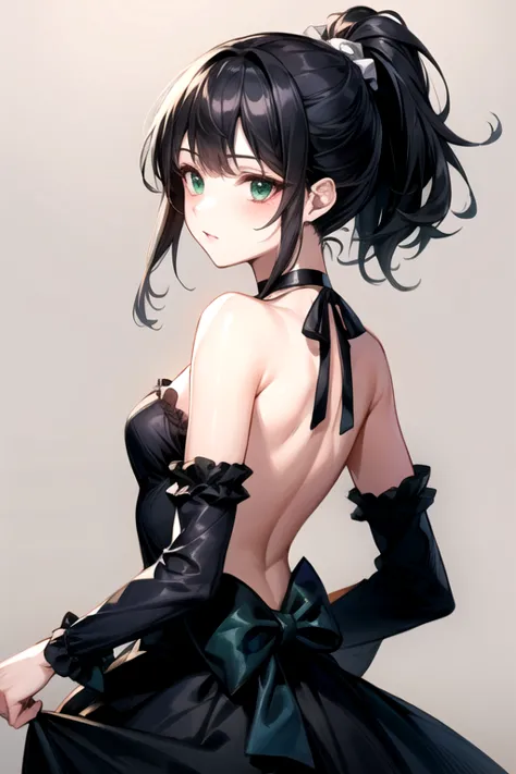 (highest quality)、(highest quality)、cute、(choker).eyes are emerald、(ponytail)、(black hair)、(backless dress).