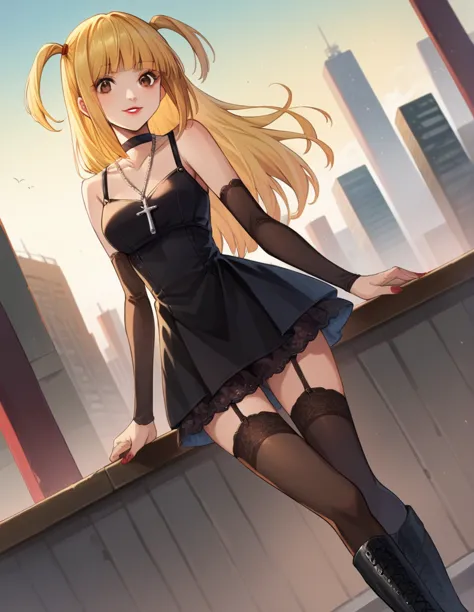 score_9, score_8_up, score_7_up, source_anime,
misaamane, misa amane, long hair, bangs, brown eyes, yellow hair, blunt bangs, tw...