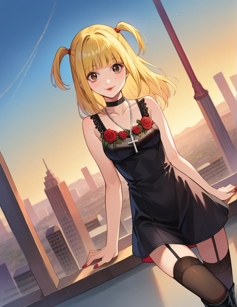 score_9, score_8_up, score_7_up, source_anime,
misaamane, misa amane, long hair, bangs, brown eyes, yellow hair, blunt bangs, two side up, red lips, lipstick, smile,
thighhighs, dress, jewelry, collarbone, boots, detached sleeves, choker, black thighhighs, necklace, black footwear, black dress, sleeveless dress, garter straps, black choker, short dress, floral print, cross, red nails, cross necklace,
outdoors, cityscape,
looking at viewer, dutch angle, cowboy shot