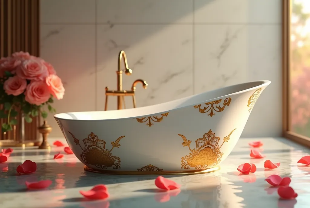 Ceramic bathtub, decorated with gold ornaments, floating rose petals, a moment of elegance and relaxation, ((masterpiece, Highest quality, Best image quality, High resolution, Realistic, RAW Photos, 8k)), ((Highly detailed CG synthesis 8k wallpaper)), front view,