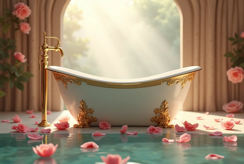 Ceramic bathtub, decorated with gold ornaments, floating rose petals, a moment of elegance and relaxation, ((masterpiece, Highest quality, Best image quality, High resolution, Realistic, RAW Photos, 8k)), ((Highly detailed CG synthesis 8k wallpaper)), front view,