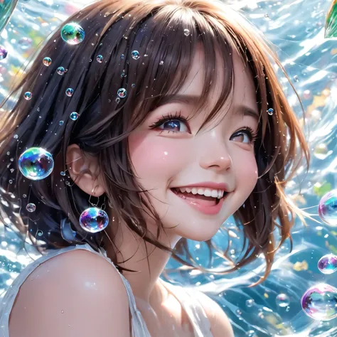 a girl,laughing,colorful colors,surrounded by water bubbles,in the style of kawacy,masterpiece,oil painting drawn in anime style...