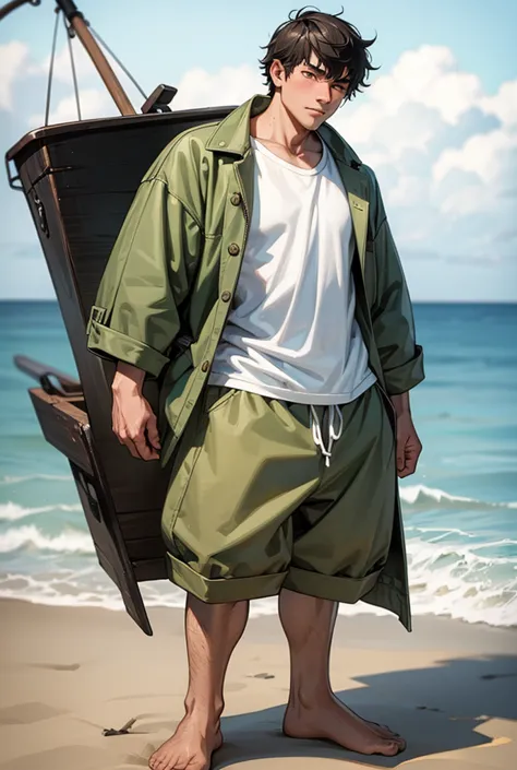 a young fisherman aged 18 years, 172 cm tall, weighing 65 kilograms, beach background, wearing clothes that are quite worn and a...