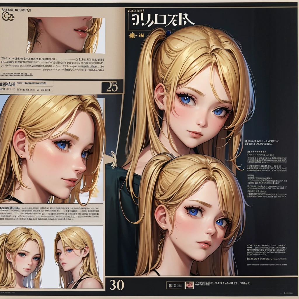 OG character sheet {front view, 3/4 view, side view} of a girl with blond hair, perfect face, detailed eye, (masterpiece) 