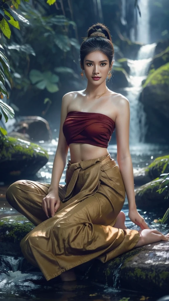 Masterpiece, Highest quality, HDR, high contrast,    ((beautiful girl, Thai female soldier)),   long ponytail,  Highly detailed lips,     Detailed eyes,     Double eyelids,    Makeup.

((Thai Fluke Set, Strapless shirt)),

Long legs_full body.     sit down.    At the edge of the waterfall