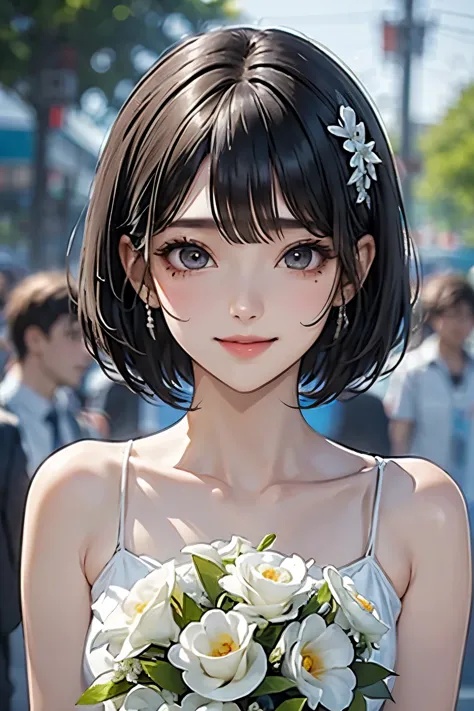 white、ocean、droopy eyes、brown eyeballs on face、smile、1 female、woman in a dress、bob hair、detailed face、clear face、((best image qu...