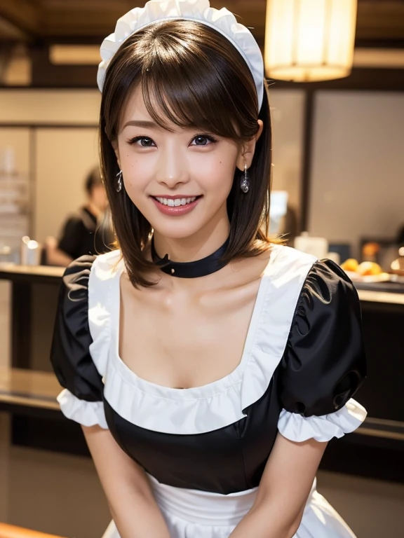 masterpiece, 1 girl per 1 photo, upper body shot, directly front view, a Japanese young pretty woman, wearing a short sleeve satin black cute maid costume in the cafe with a big smile, wearing a white frilled headband, a white frilled apron, a black choker, glamorous figure, hyper cute face, glossy lips, sweaty body, double eyelids in both eyes, Natural makeup, long eyelashes, shiny smooth light brown hair of long bob hair, asymmetrical bangs, tanned skin, central image, 8K resolution, high detail, detailed hairstyle, Detailed Face, spectacular cinematic lighting, octane rendering, vibrant, hyper realistic, perfect limbs, perfect anatomy