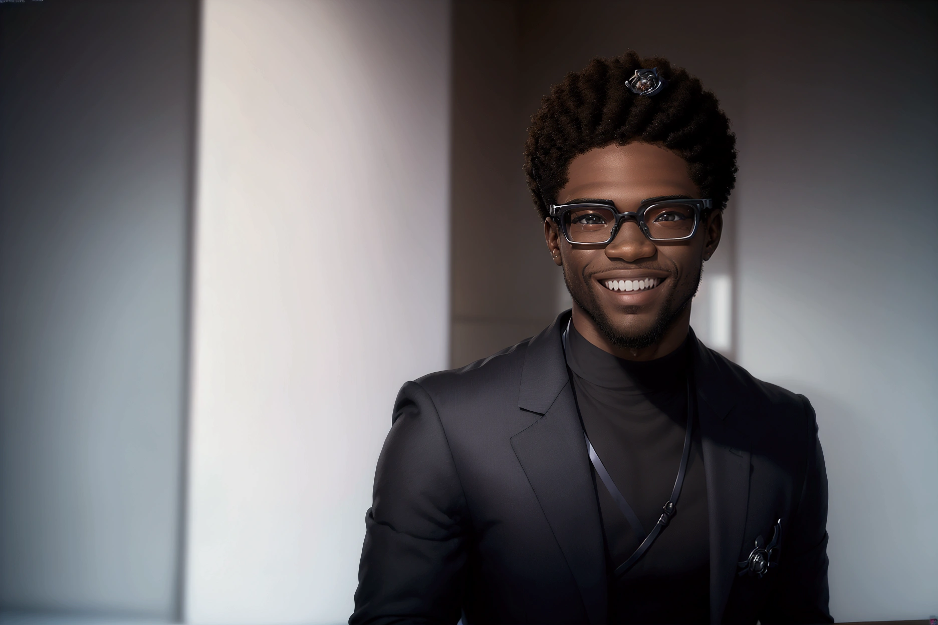 Personnage de dessin animé 3D, dans une pièce du bureau, Homme noir avec des lunettes, (traits du visage détaillés) (((Homme))), comme un personnage de Pixar, beau, Afro, cheveux coupés à la machine et trou pour le menton, (((sorriso beau))), image rendue