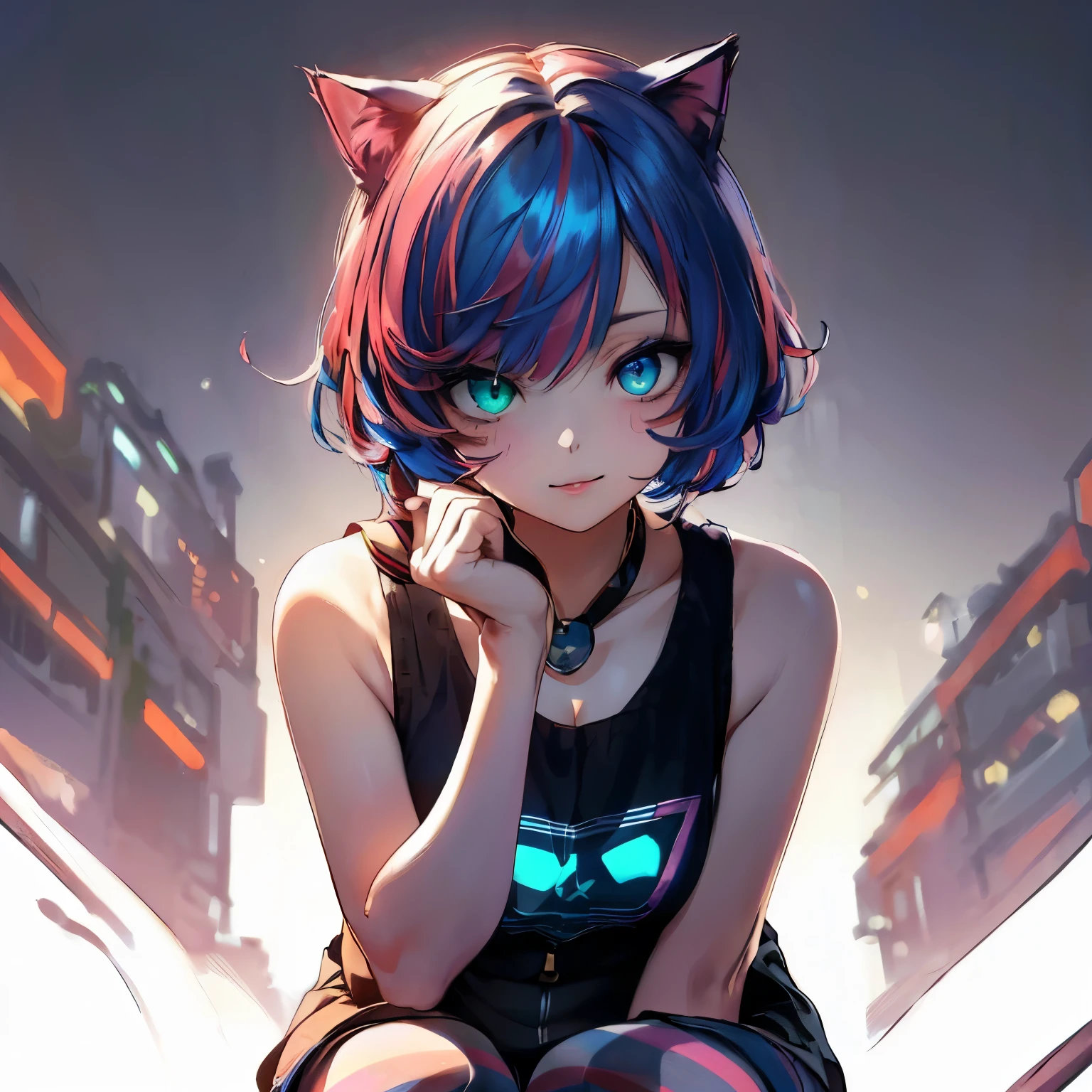 (Highest quality:1.2, Very detailed, Latest, Vibrant, Ultra-high resolution, High Contrast, masterpiece:1.2, Highest quality, Best aesthetics), Portraiture、girl、alone, (Age 25:1), (slim:1), Heterochromia iridis, Green Eye, Red Eye, Bright colors, (Cat ear:1), Tank top, Jeans Shorts, (Cat Pose:1.3), Beautiful details、Beautiful lip detail、Super Short Hair, ((Bobcut:1.5))、Pink and purple, ((Striped Hair:1.9)), (Highlighted Hair: 1.6), (Mid-chest:0.5), (Sunburn:0.5), ((Cat Cafe, There are many cats in the background:1.3)), Cowboy Shot,