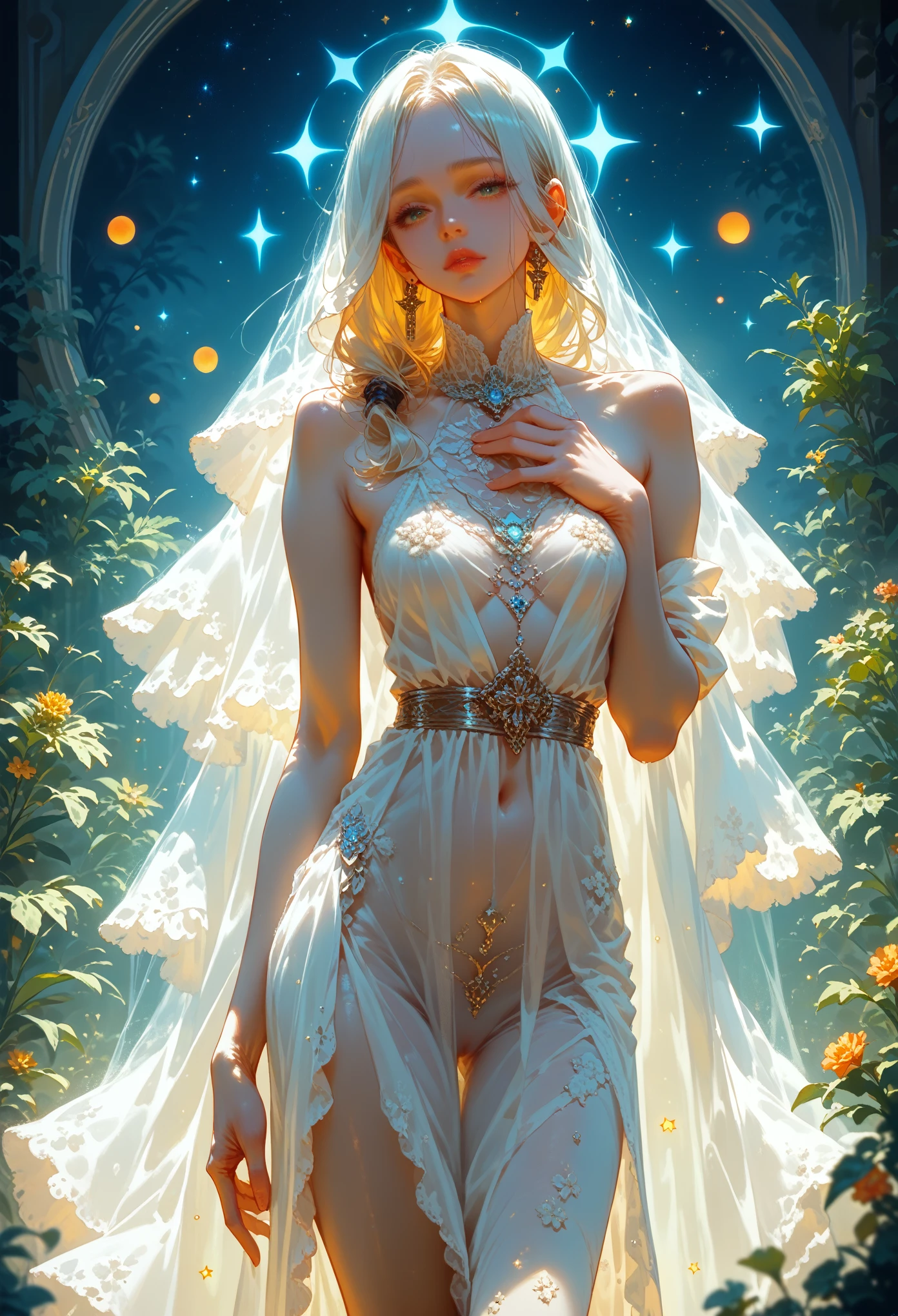 masterpiece, a beautiful void goddess, whole body in white transparent clothes, standing under the empty night stars, disappearing sheer pants, standing upright, Tall figure, slender legs, Detailed faces, detailed body parts details, 8k wallpaper,
