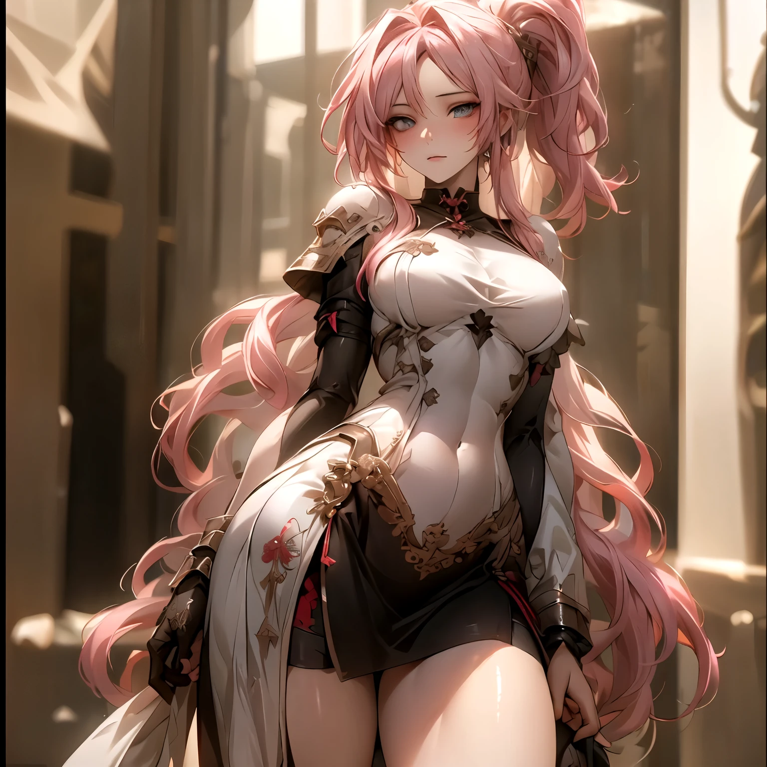 (best quality)), ((Masterpiece)), (details:1.4), 3d, HDR (high dynamic range), an image of a beautiful cyberpunk female, fantasy, medieval, Cyberpunk, Sleek style, pink hair, High ponytail, hips up, Beautiful White eyes, จมูกโด่ง, ปากแดง, หน้าอกใหญ่, nvidia RTX, PBR surface, After processing, Anisotropic filtration,depth of field, Maximum clarity and clarity, multi-layered surface, Subsurface scattering, perfect proportions, 8K raw files, ultra detailed, Perfect proportions, volumetric lighting, soft lighting, Holy Paldin, Heavy Silver Armor, red dress, intricate Silver embroidery, glossy skin, Castle Background, jewely, ต่างหู, mini black skirt, glove, long-sleeved dress,