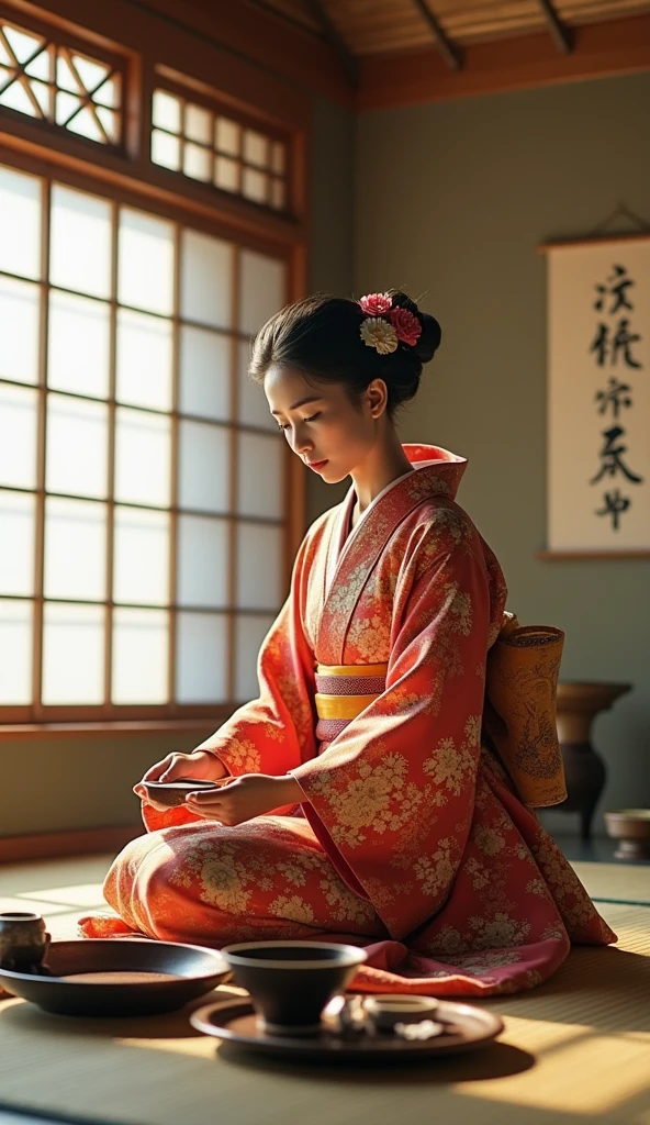 traditional Japanese tea ceremony, kimono, tatami,