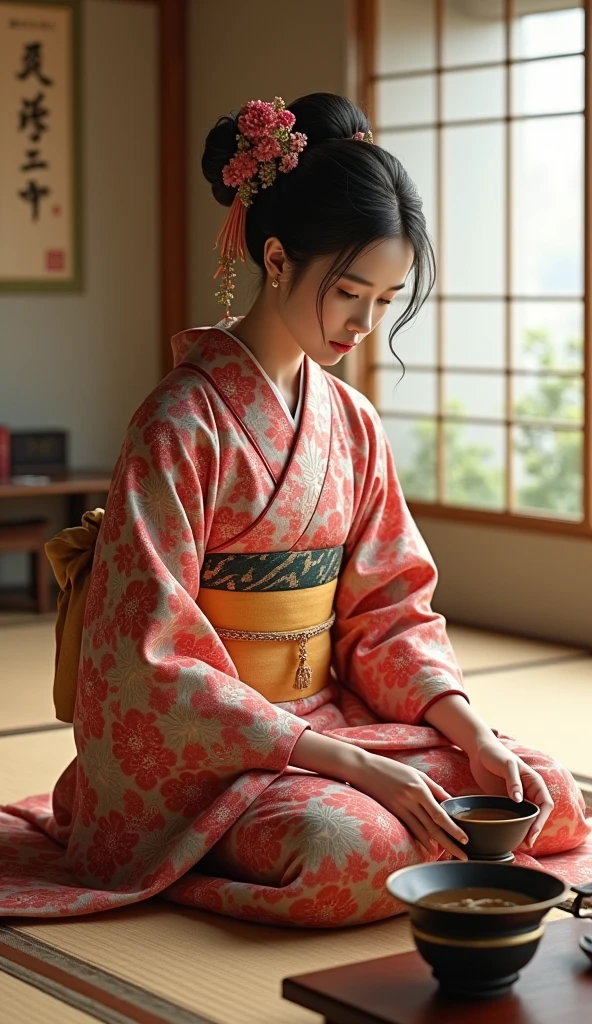 traditional Japanese tea ceremony, kimono, tatami,