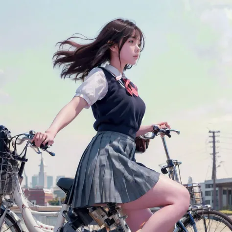 (masterpiece, highest quality:1.2), reality、one girl riding a bicycle, alone、high school girl、uniform、white short-sleeved shirt、...