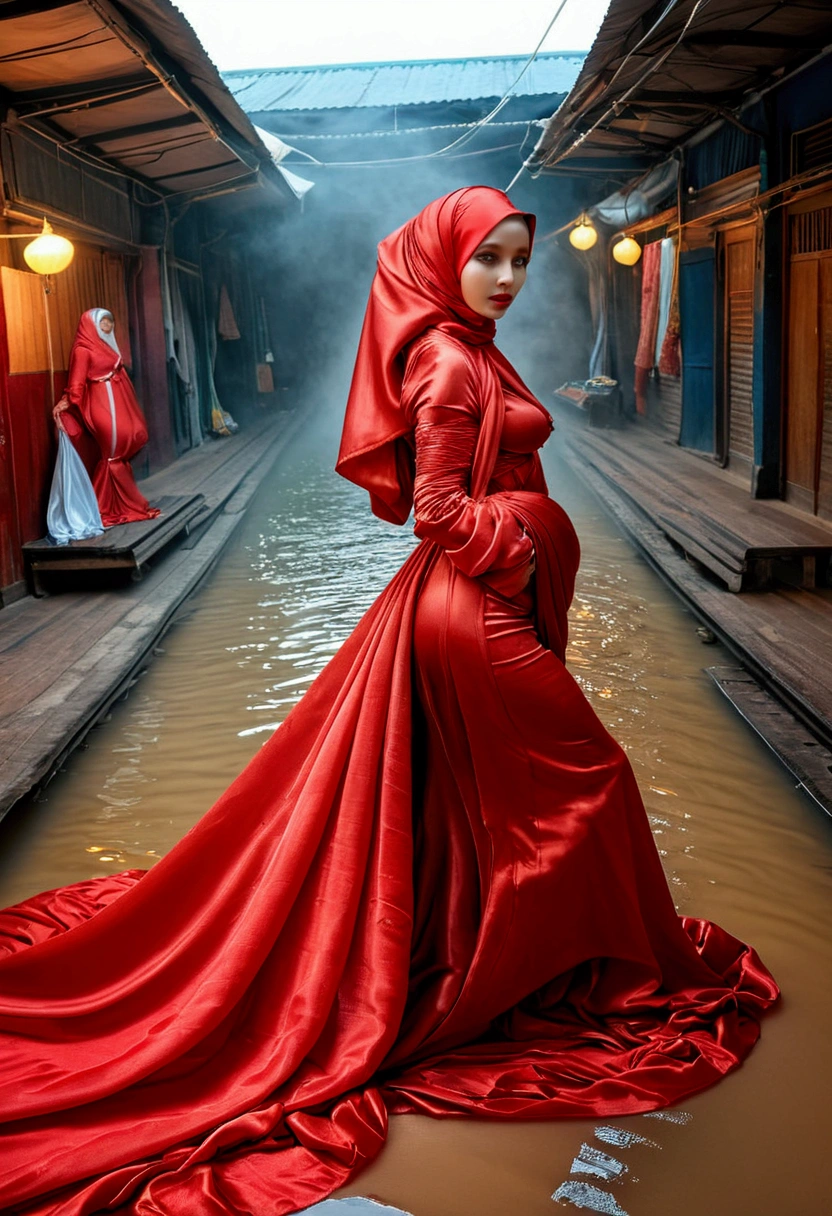 A woman shrouded in a 9-meter-long, plush red satin cloth, tightly bound and grandly draping along the form of her body, flowing off into a pooled floor-length train, styled in a mermaid-inspired outfit with ballon sleeve, her head modestly veiled in a satin hijab, tall woman, in wet traditional market, a full-body pose conveying a sense of elegance, captured in a 4k resolution, ultra-realistic