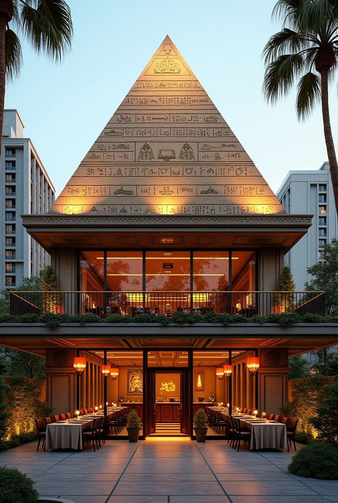 Simple Egyptian pyramid structure two story Restaurant exterior 