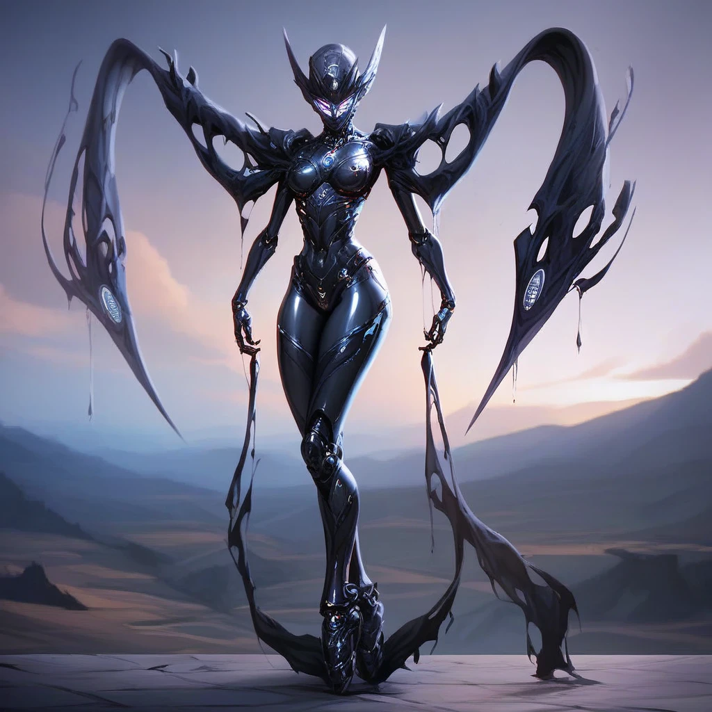 a uncanny feminine robot , highly skinny,long arms,long legs,big shoulder, beautiful glowing robotic eyes,full body,liquid reflecting metal and polished weird humanoid body, glossy metallic skin, advanced machinery alien parts, dynamic pose, dramatic lighting, landscape background, cinematic composition, 8k, high resolution, masterpiece