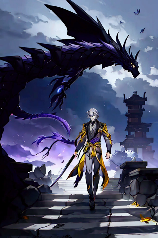 Male with Gray hair and yellow eyes handsome face and body. Holds a katana in his left hand while walking towards us. Dark fragments flying around him while a dragon flies in the sky. The background is shite except he walks down imaginary purple steps 