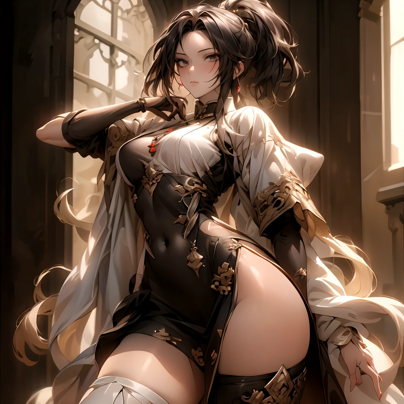 (best quality)), ((Masterpiece)), (details:1.4), 3d, HDR (high dynamic range), an image of a beautiful cyberpunk female, fantasy, medieval, Sleek style, black hair, High ponytail, hips up, Beautiful White eyes, จมูกโด่ง, ปากแดง, หน้าอกใหญ่, nvidia RTX, PBR surface, After processing, Anisotropic filtration,depth of field, Maximum clarity and clarity, multi-layered surface, Subsurface scattering, perfect proportions, 8K raw files, ultra detailed, Perfect proportions, volumetric lighting, soft lighting, Holy Paldin, Heavy Golden Armor, Black dress, intricate Silver embroidery, glossy skin, Castle Background, jewely, ต่างหู, mini black skirt, blackglove,