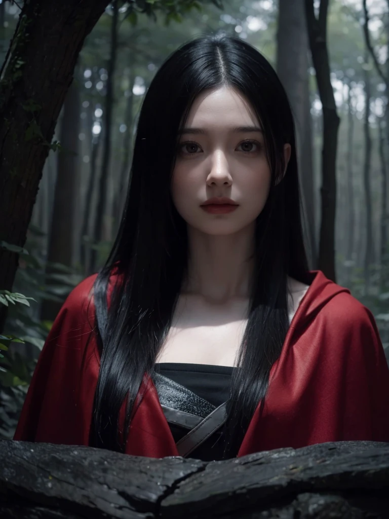 (ultra-detailed),((portrait )),image of a girl with a red cape and black hair, on a dark path through the forest, heading towards a magic gate.black and gray gradient, hazy, realistic, 8k resolution, Unreal Engine, cinematic