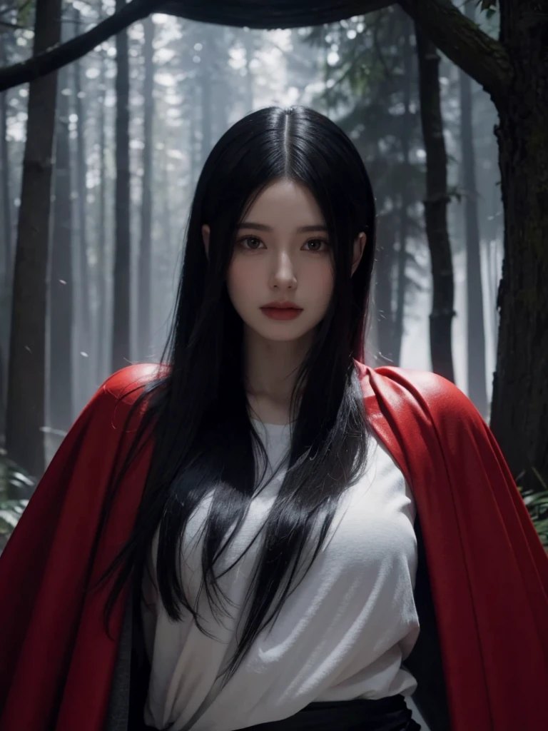 (ultra-detailed),((portrait )),image of a girl with a red cape and black hair, on a dark path through the forest, heading towards a magic gate.black and gray gradient, hazy, realistic, 8k resolution, Unreal Engine, cinematic