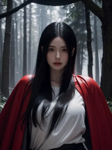 (ultra-detailed),((portrait )),image of a girl with a red cape and black hair, on a dark path through the forest, heading toward...