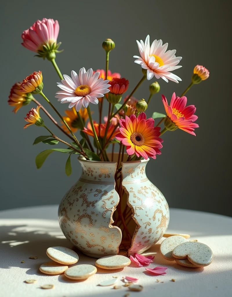 a professional photo of a broken flower vase made from ceramics, flowers plug inside, close up shot, bokeh, Photography, hard lighting, velvet background 