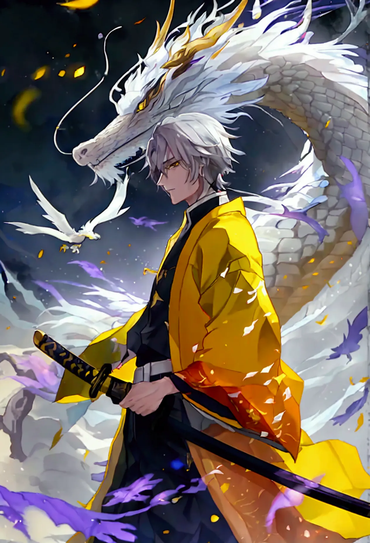 male with gray hair and yellow eyes handsome face and body. holds a katana in his left hand while walking towards us. dark fragm...