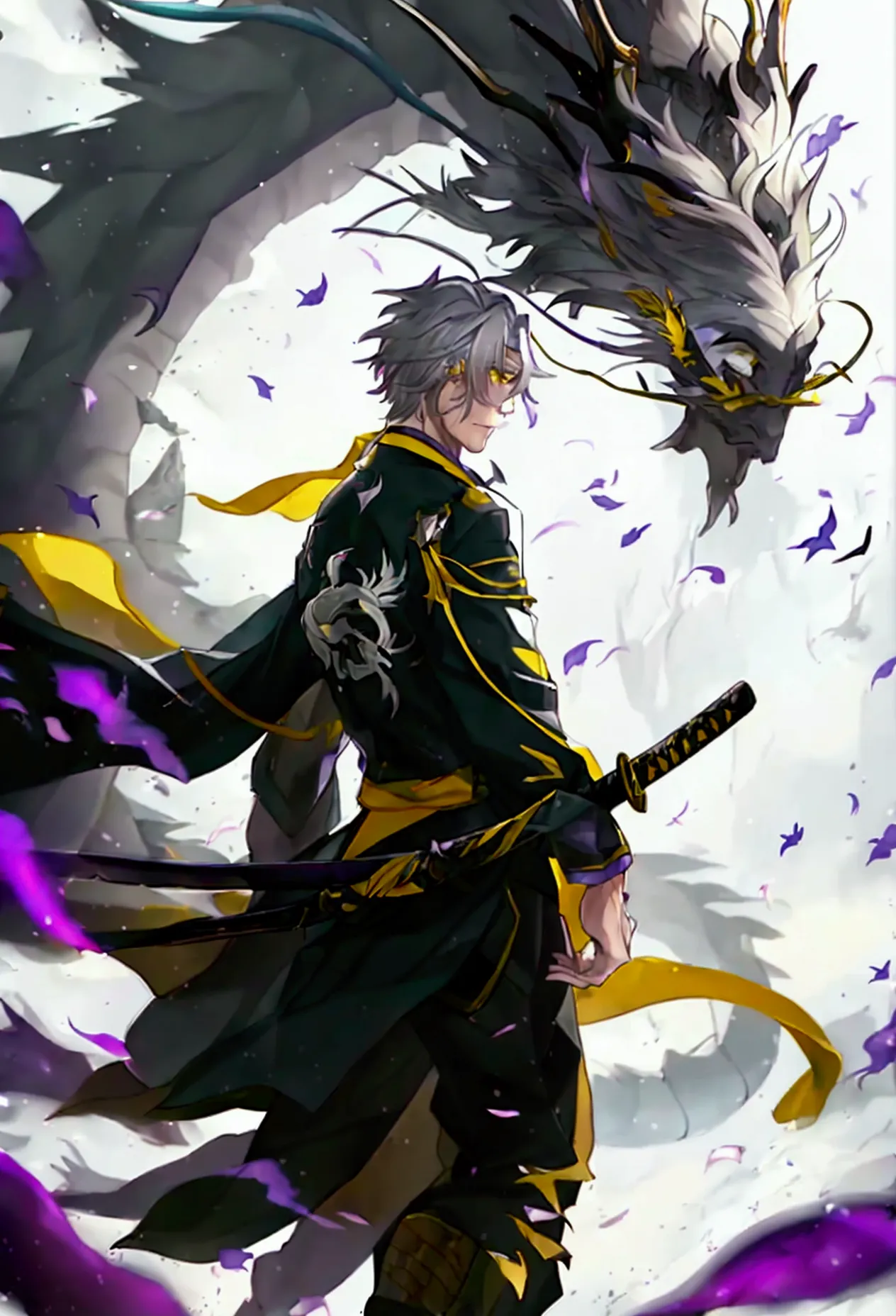 male with gray hair and yellow eyes handsome face and body. holds a katana in his left hand while walking towards us. dark fragm...