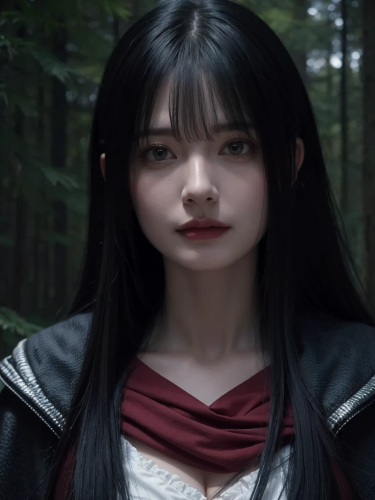 (ultra-detailed),((portrait )),image of a girl with a red cape and black hair, on a dark path through the forest, heading towards a magic gate.black and gray gradient, hazy, realistic, ((bangs)),8k resolution, Unreal Engine, cinematic