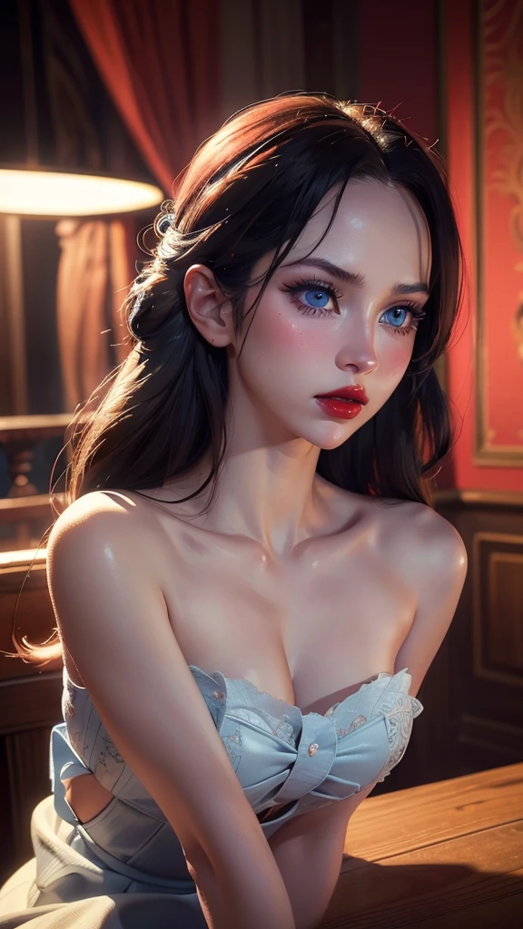 a beautiful sexy woman, detailed intricate face, striking blue eyes, lush long eyelashes, full red lips, flawless skin, elegant flowing hair, sensual posed, cinematic lighting, hyper-realistic, 8k, photorealistic, masterpiece, chiaroscuro, dramatic lighting, dramatic shadows, digital painting