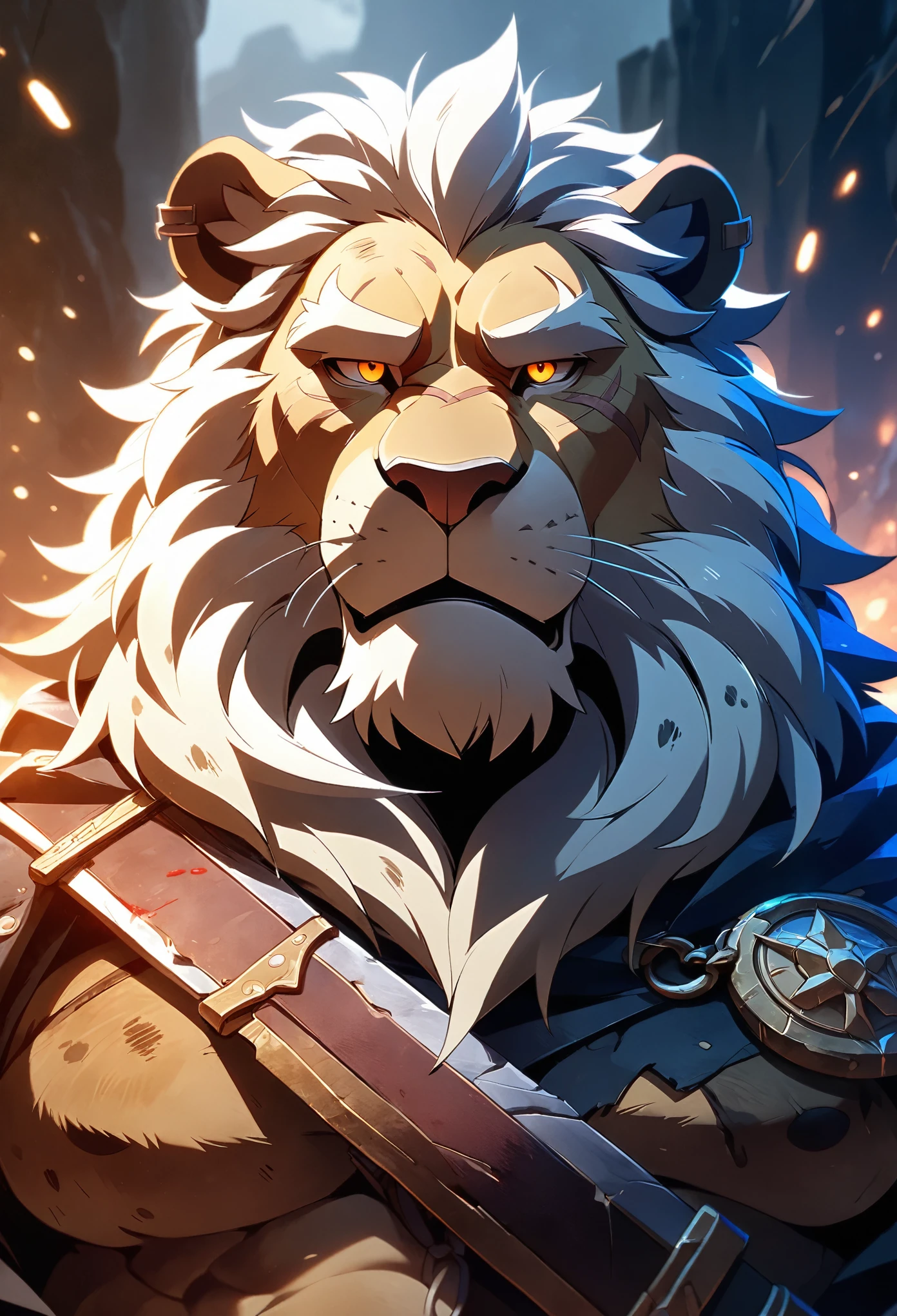 A commander, male,40 years old，Grandpa， solitary, ((Round Face, The face is plump,Orange eyes, scars)), ((Endomorph, Handsome，Hot Blood)), （broken armour，red cape, holding a sword, No electricity，exhaustion), ((domestic lion, white lion, commander lion) Fluffy fur, Fluffy), Bokeh, (high quality, high resolution, masterpiece), (Dynamic Lighting, Vibrant color), (Revitalize，harm，Disdain), Full body picture, cartoon, author：Takemoto Arashi, From zixiong, By Chunni, author：Empty Ghost，（background：Battlefield）(by bontiage:1), ultra-detailed, portrait, cinematic lighting, dramatic shadows, moody lighting, gritty, rugged, muscular, grease stained, dirty, mucky, greasy, rough, mature, intense expression, piercing gaze.
