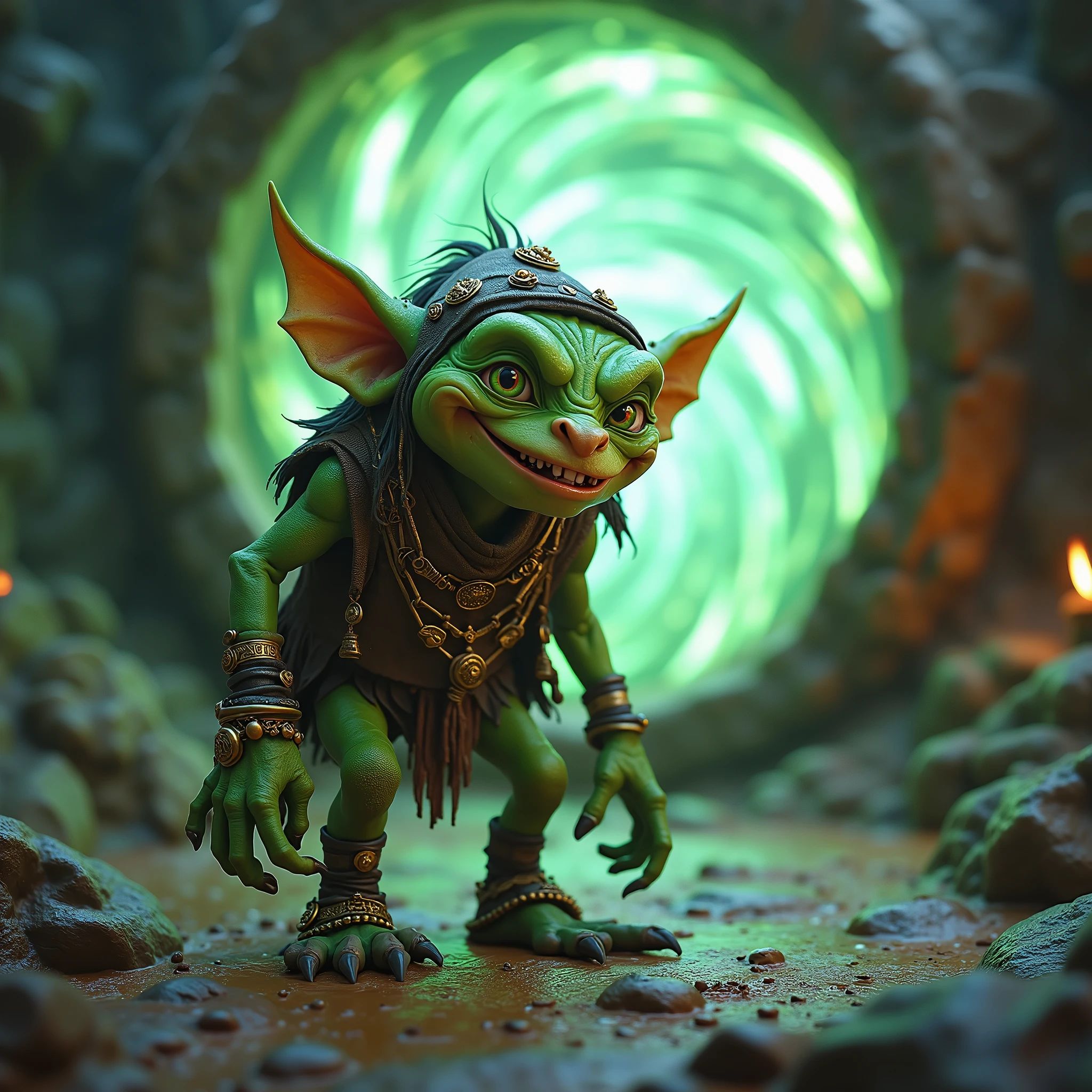 A treasure goblin from Diablo 4 and one of his portals in the background, hyper-realistic, 8k, uhd, high quality, Details, best quality, ​masterpiece, High resolution, 